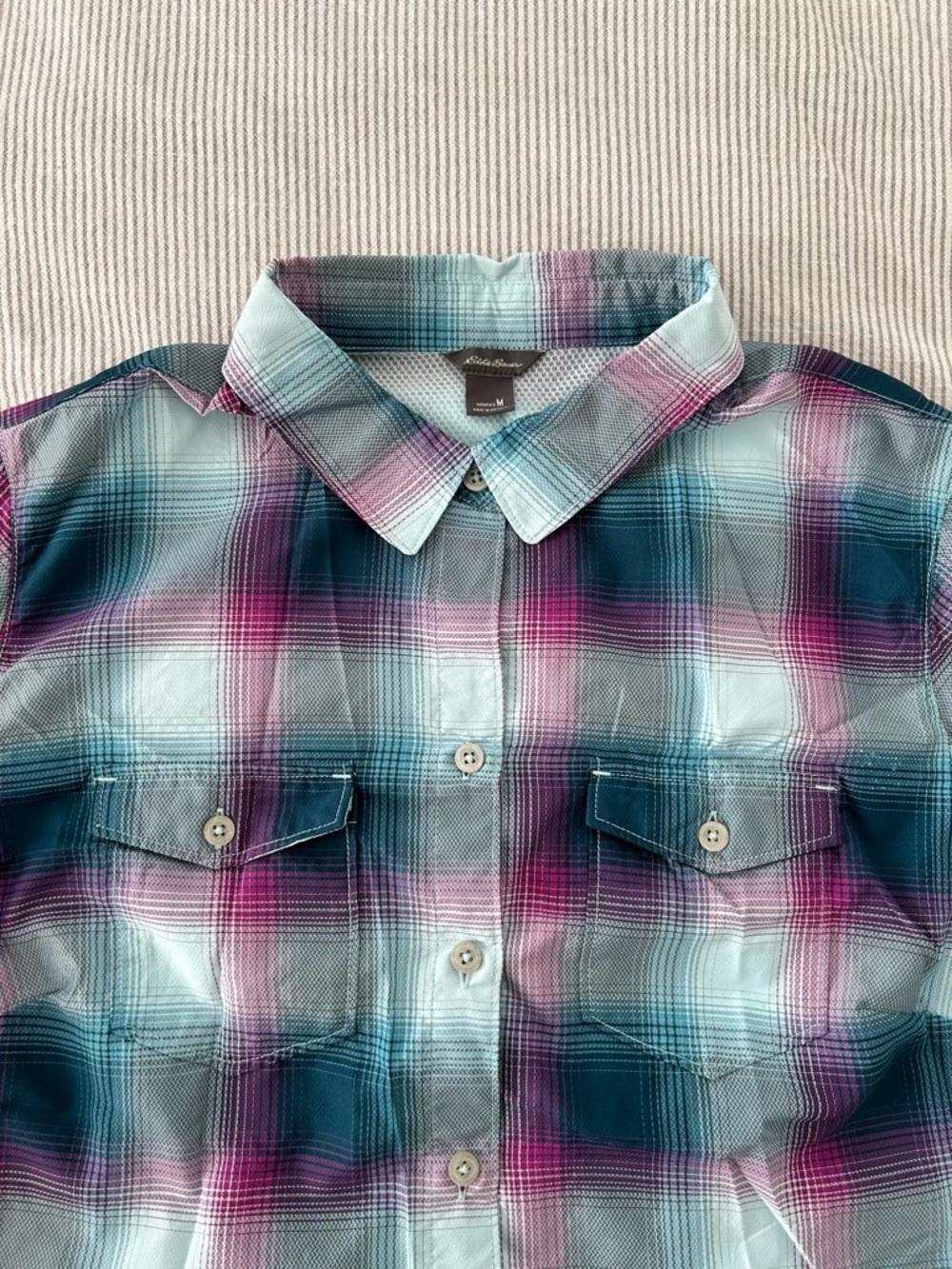 Eddie Bauer Women's Plaid Button-Up Hiking Shirt in Teal and Pink